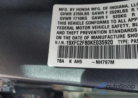 2019 Honda Civic Sport from USA, damaged, VIN 19XFC2F80KE035920